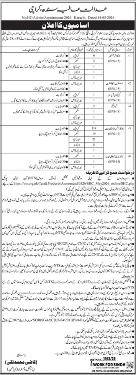 Sindh High Court Karachi - Multiple Posts - Karachi