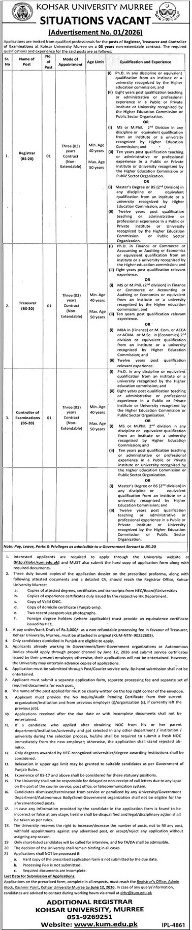 Kohsar University Murree - BS-20 Posts - Murree