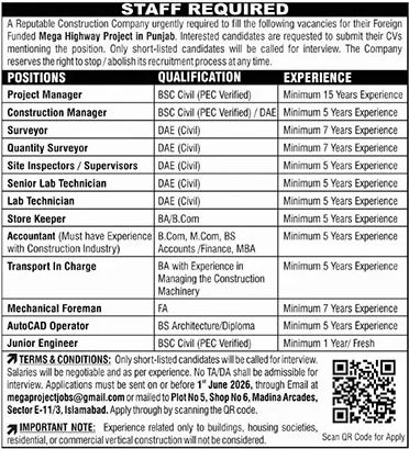 Construction Company - Foreign Project Punjab - Multiple Cities