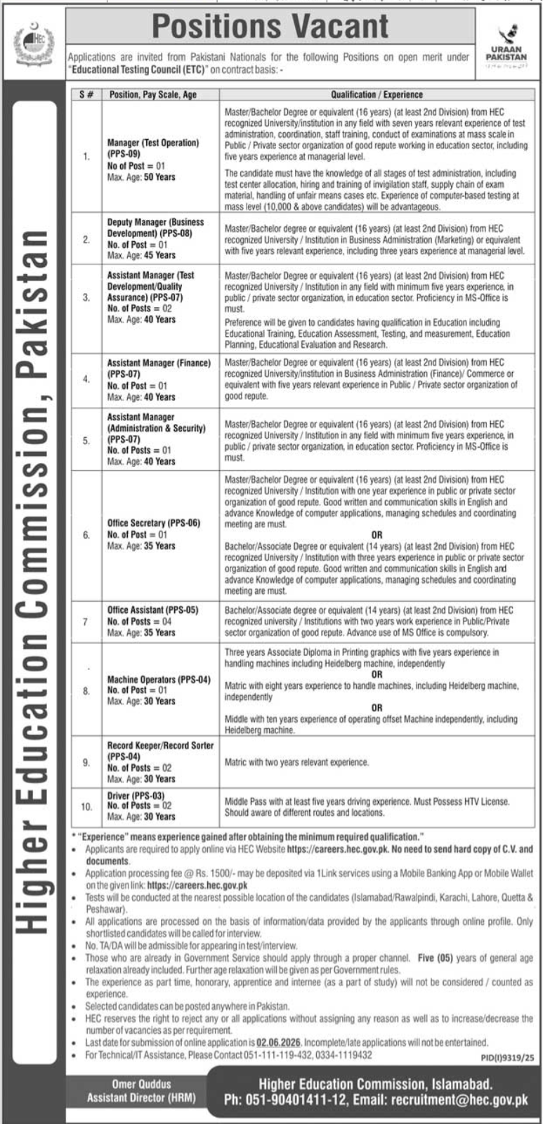 HEC - Multiple Posts under ETC - Islamabad