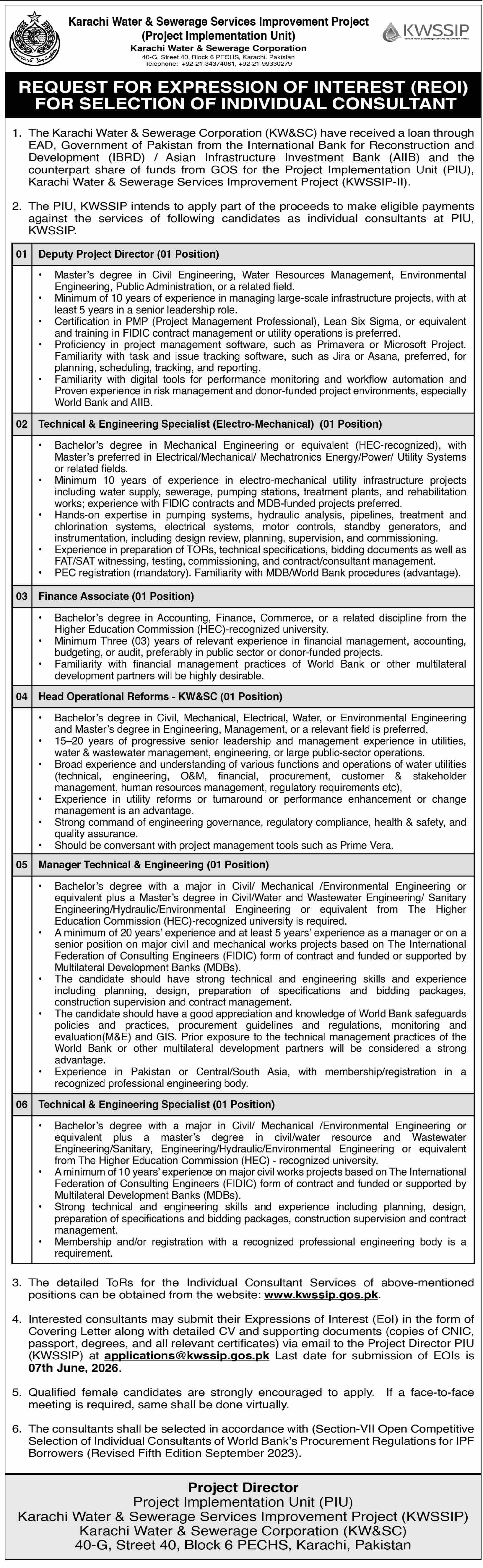 KWSSIP - Individual Consultants - Karachi