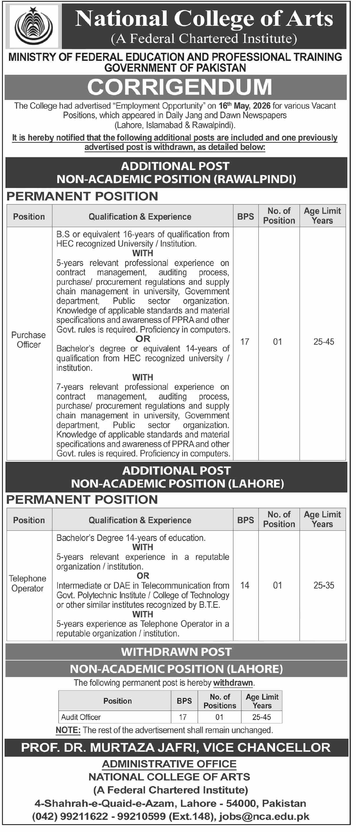 NCA Corrigendum - Purchase Officer & Telephone Operator - Multiple Cities