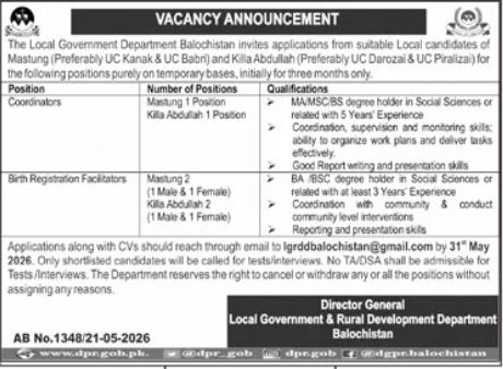 Local Government Balochistan - Coordinators & Facilitators - Mastung & Killa Abdullah