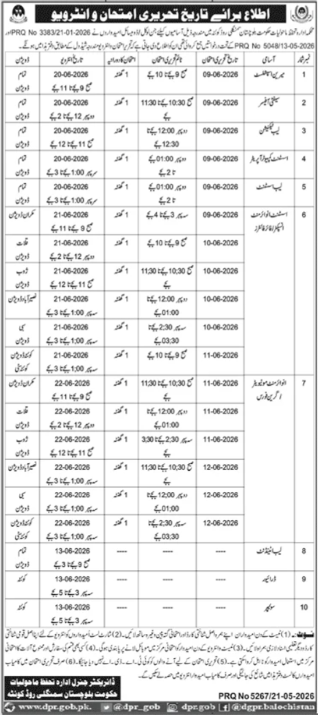 Balochistan Govt - Written Test & Interview Schedule - Multiple Cities