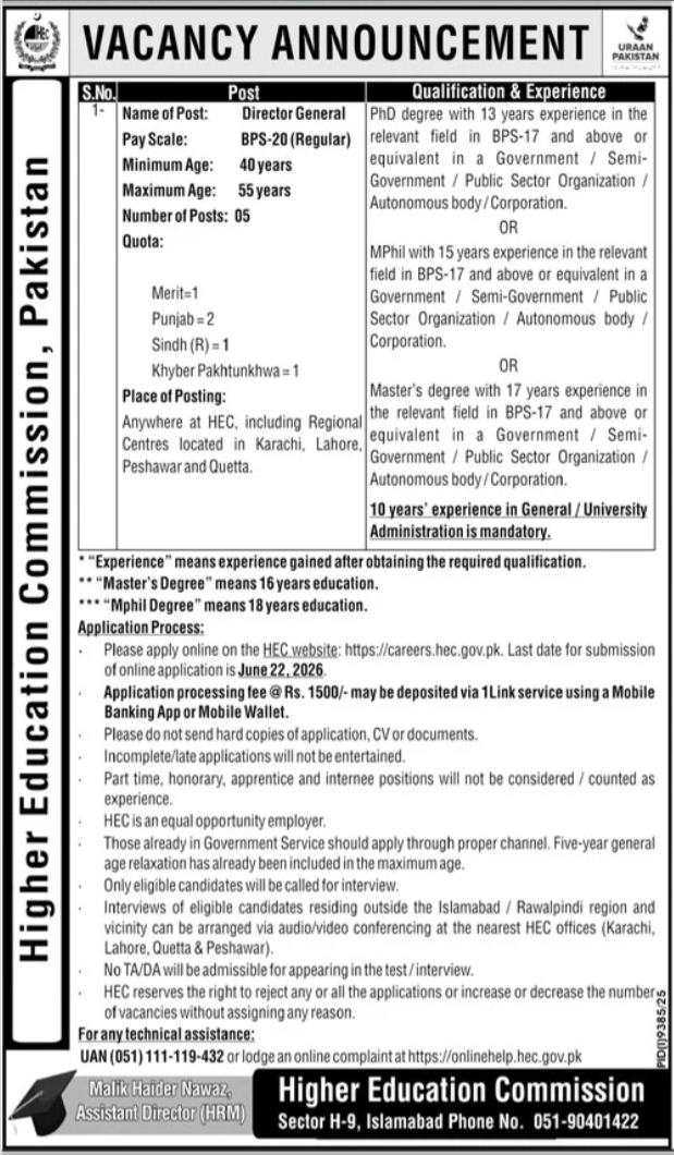HEC - Director General BPS-20 - Islamabad