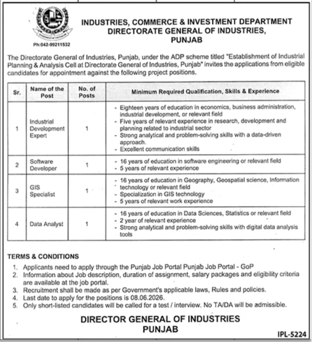 Industries Department Punjab - Industrial Planning & Analysis Cell Posts - Lahore