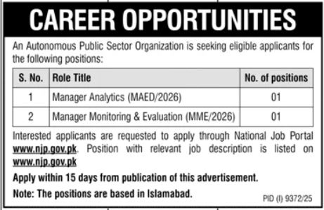 Autonomous Public Sector Organization - Manager Analytics & M&E - Islamabad