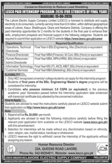 LESCO Paid Internship Program-2026 for Final Year Students - Lahore