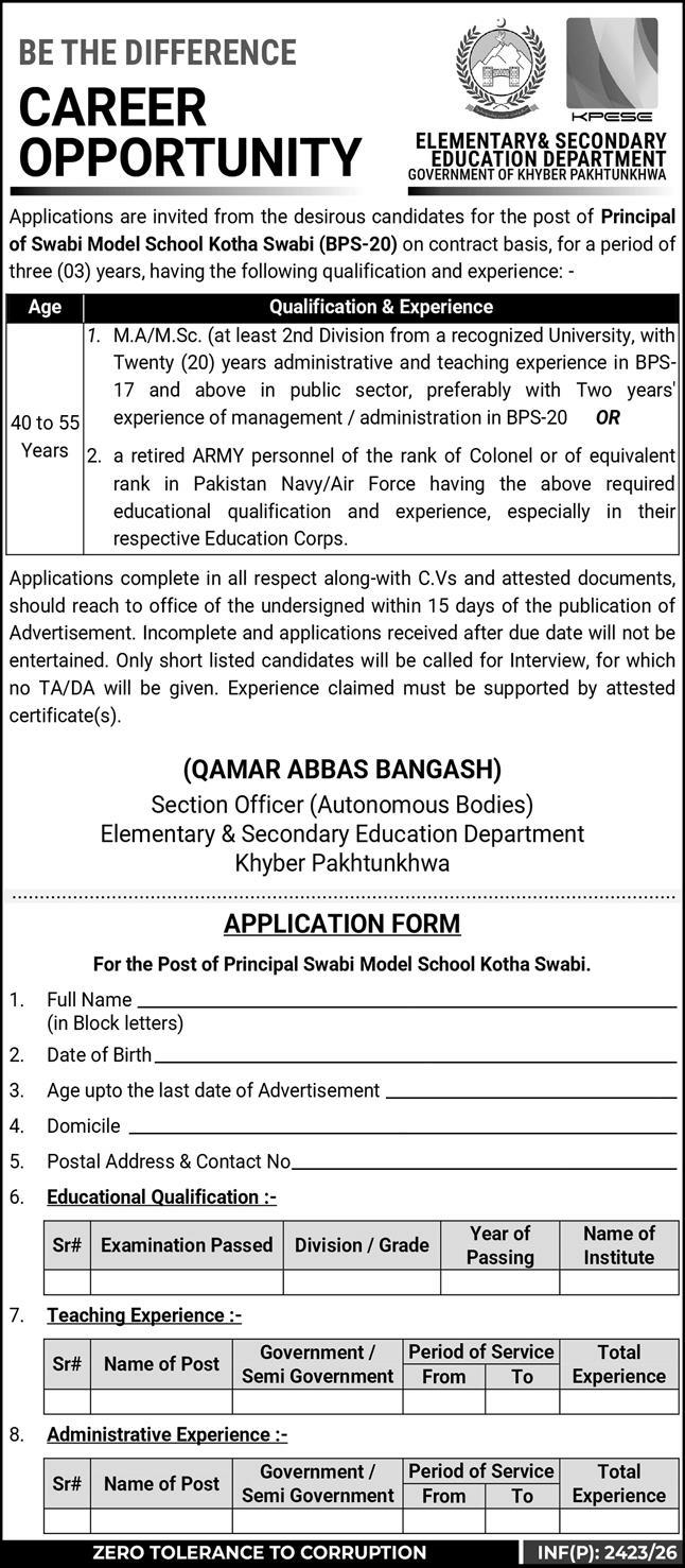 Elementary & Secondary Education KPK - Principal Swabi Model School BPS-20 - Swabi