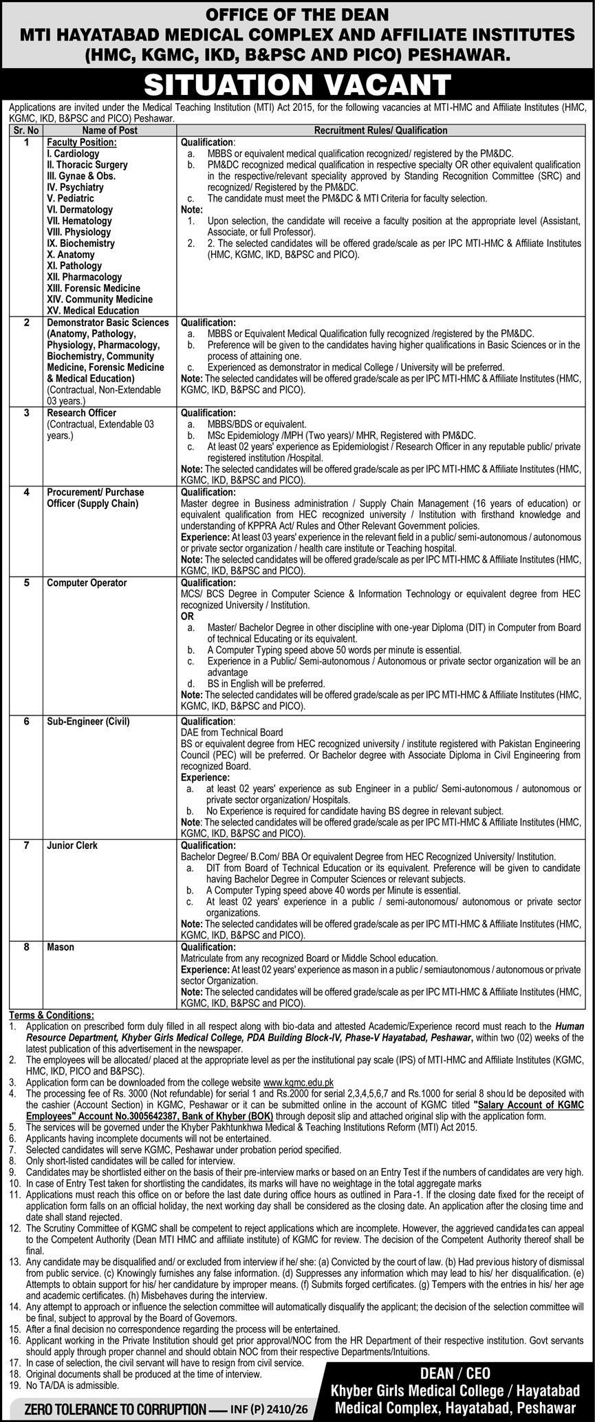 MTI Hayatabad Medical Complex Peshawar - 8 Categories Medical & Admin Posts - Peshawar