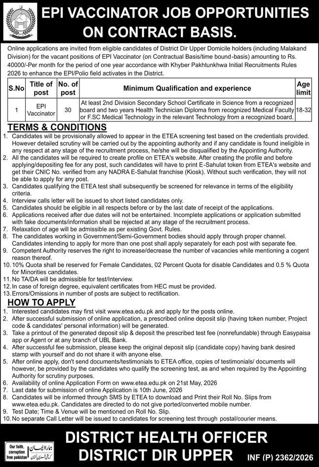 District Health Officer Dir Upper - EPI Vaccinator 30 Posts - Dir Upper