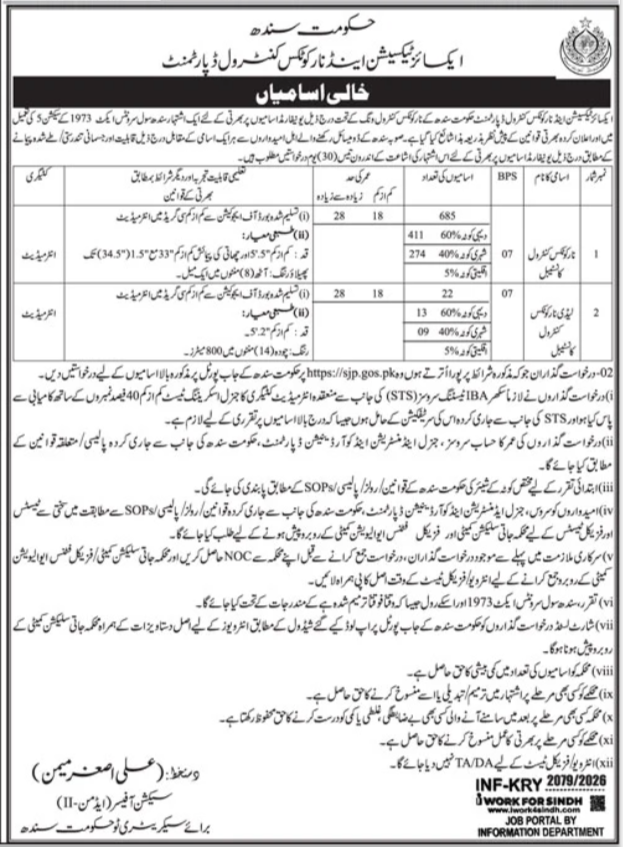 Excise Taxation & Narcotics Control Dept Sindh - Police Constable BPS-07 - Multiple Cities
