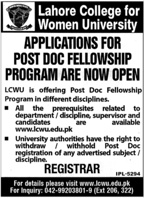 Lahore College for Women University - Post Doc Fellowship Program - Lahore