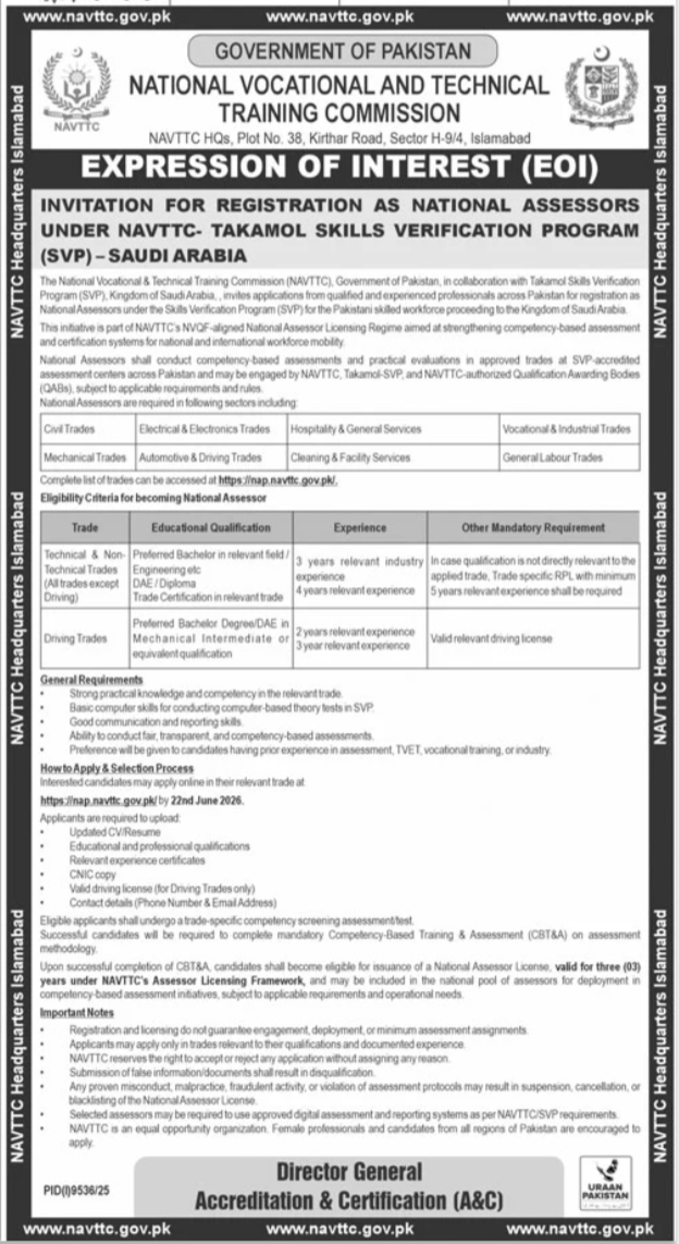 NAVTTC - National Assessors Registration SVP Saudi Arabia - Islamabad