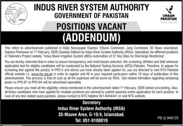 Indus River System Authority IRSA - NTS Test Addendum - Islamabad