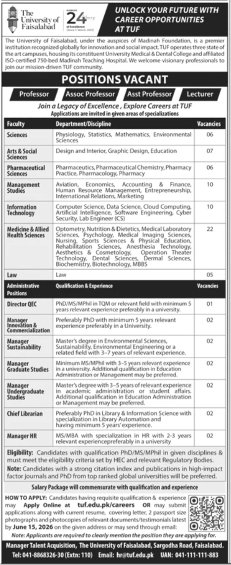 The University of Faisalabad TUF - Faculty & Admin Positions - Faisalabad