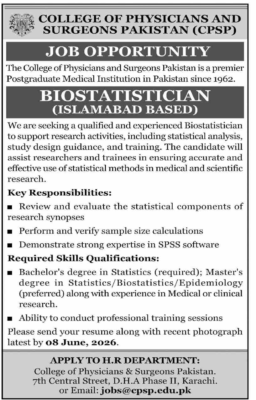 College of Physicians and Surgeons Pakistan - Biostatistician Islamabad Based - Islamabad