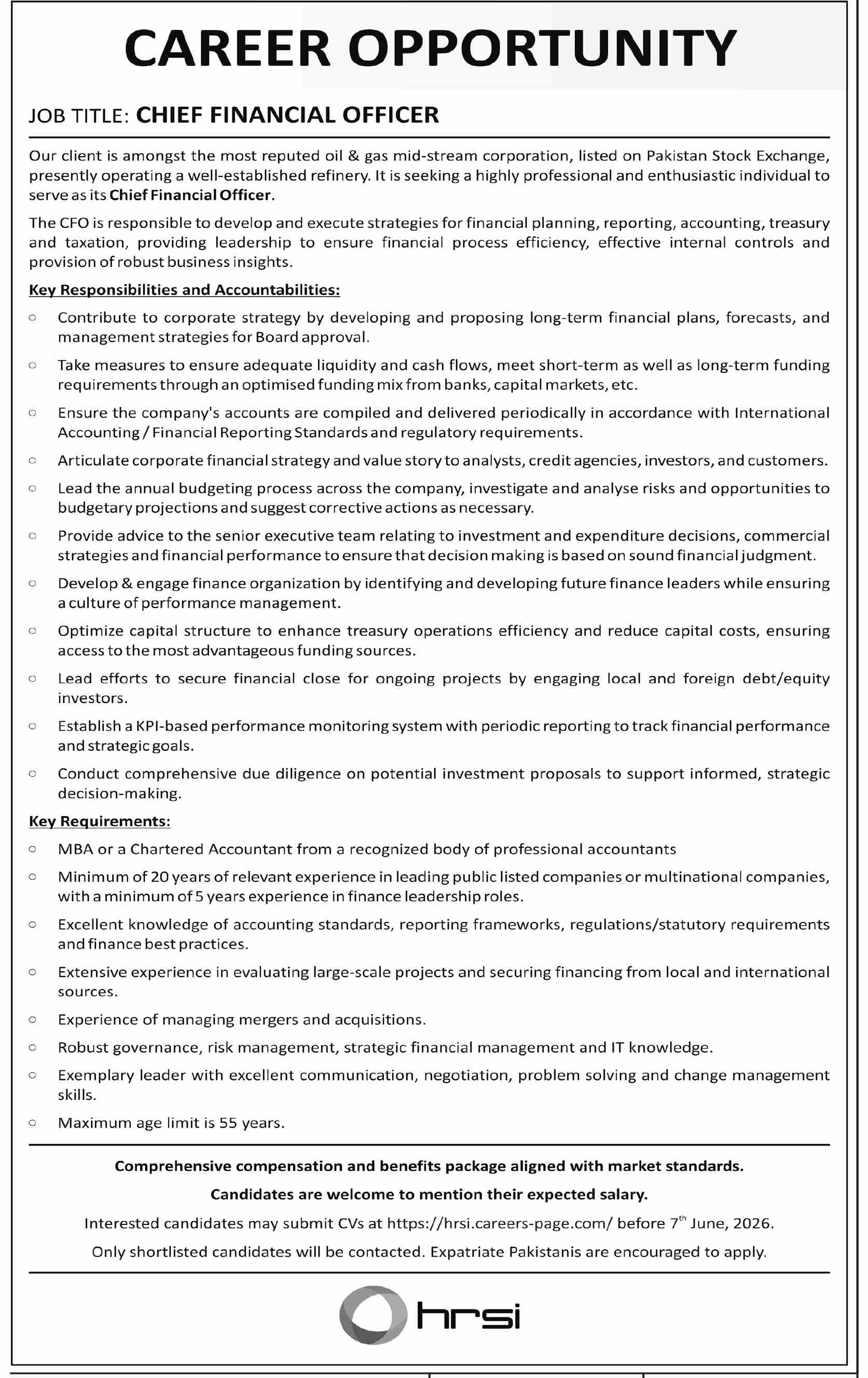 Oil & Gas Mid-Stream Corporation - Chief Financial Officer CFO - Karachi