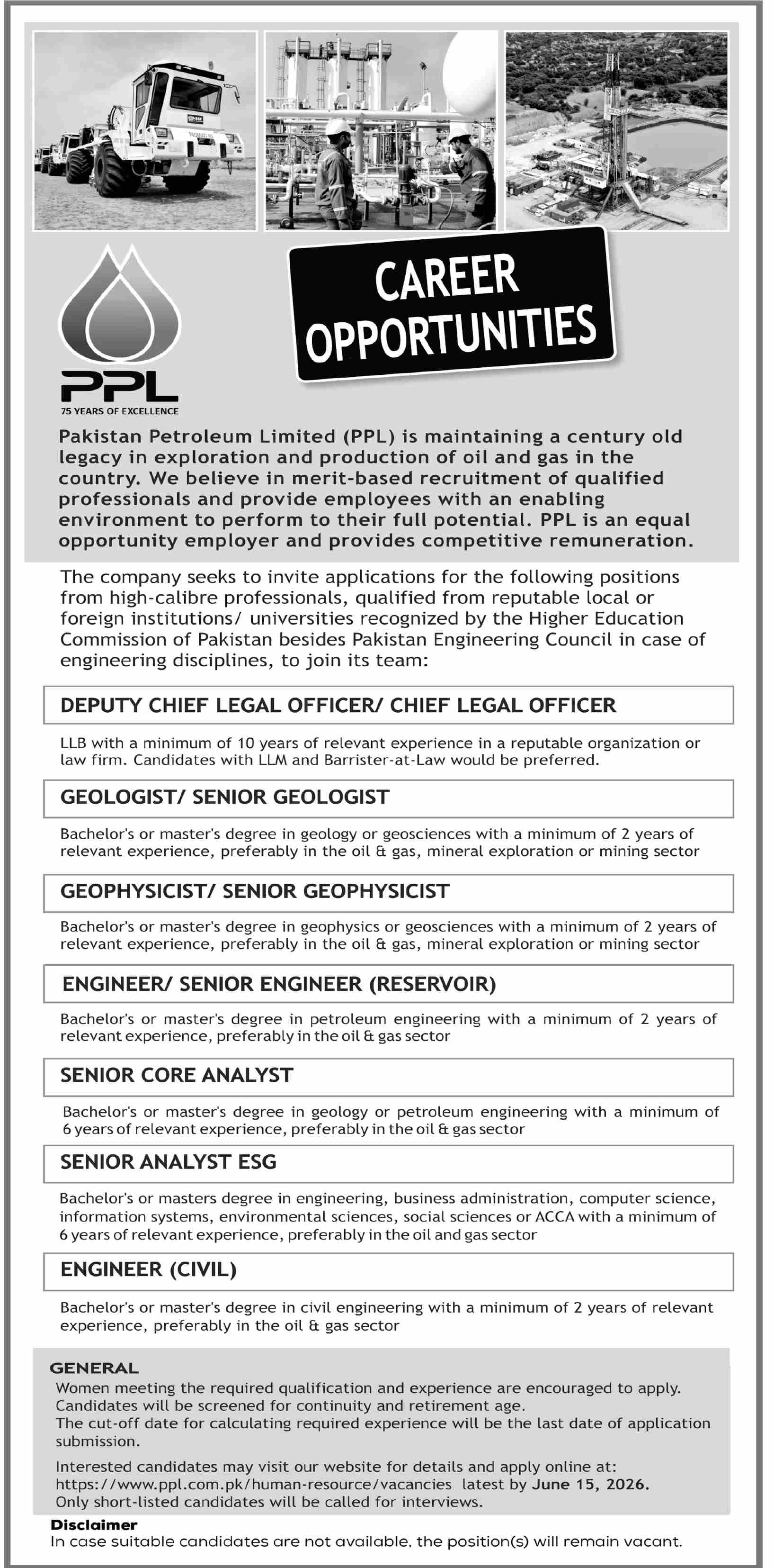 Pakistan Petroleum Limited PPL - Multiple Technical & Legal Posts - Karachi