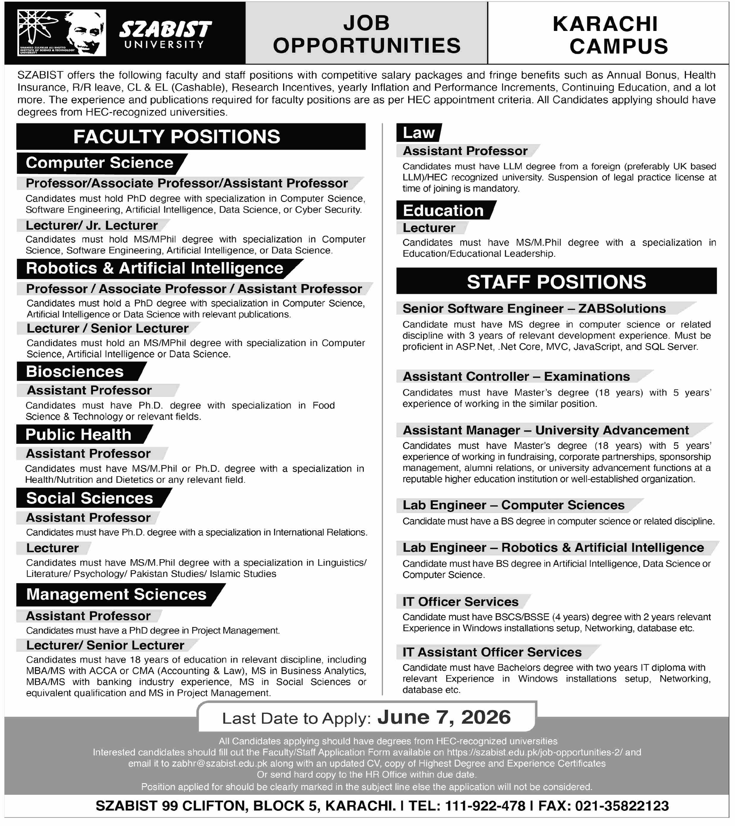 SZABIST University Karachi Campus - Faculty & Staff Positions - Karachi