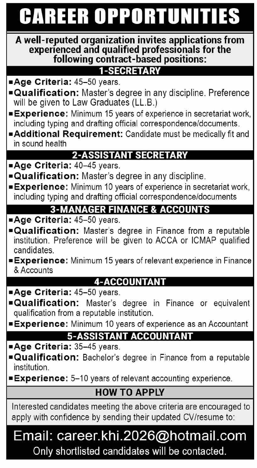 Reputed Organization Karachi - Admin & Finance Posts - Karachi