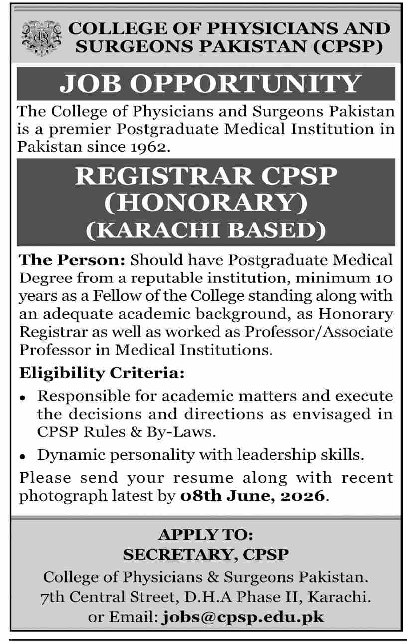 College of Physicians and Surgeons Pakistan - Registrar CPSP Honorary Karachi - Karachi
