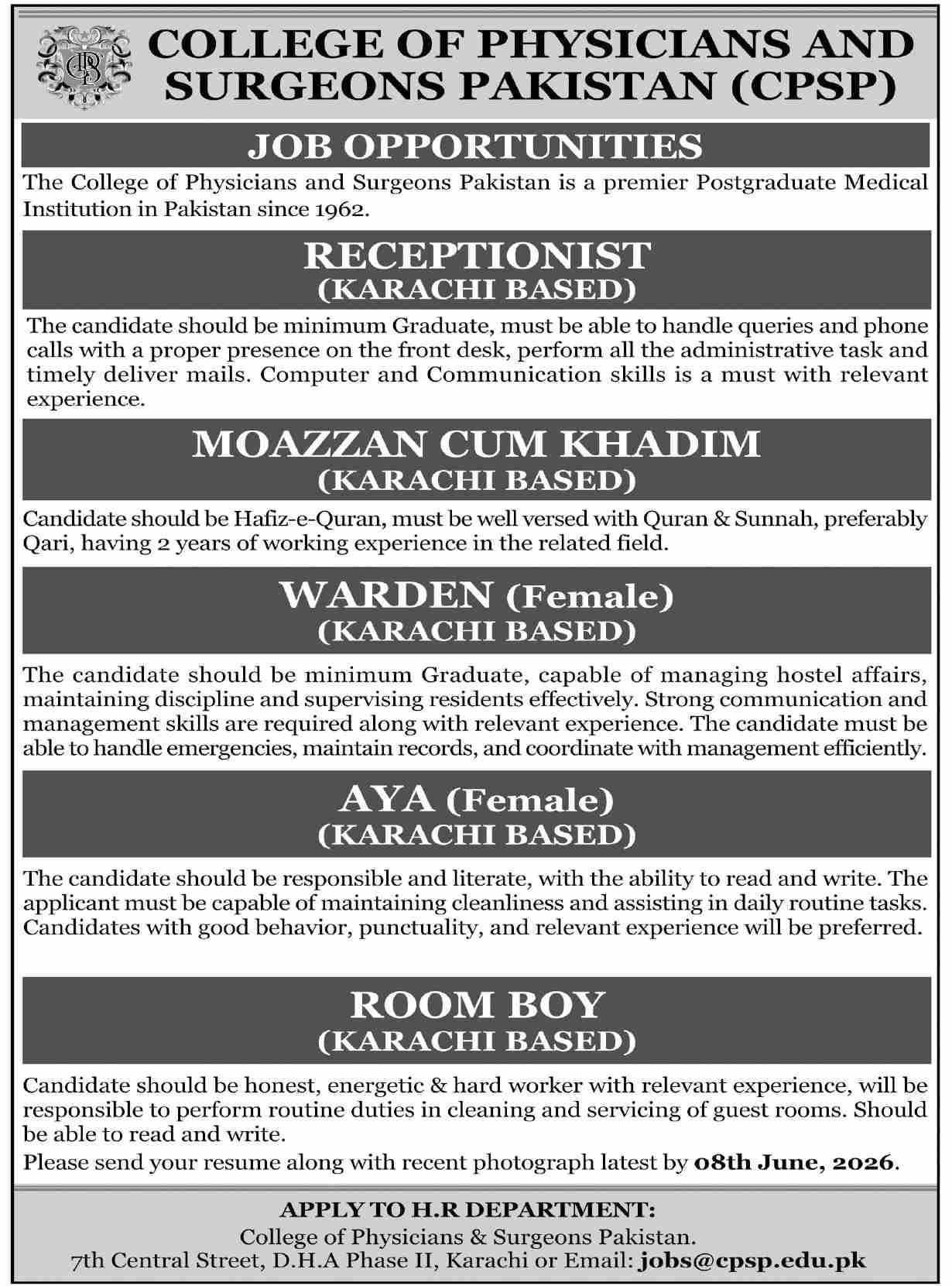 College of Physicians and Surgeons Pakistan - Support Staff Karachi - Karachi