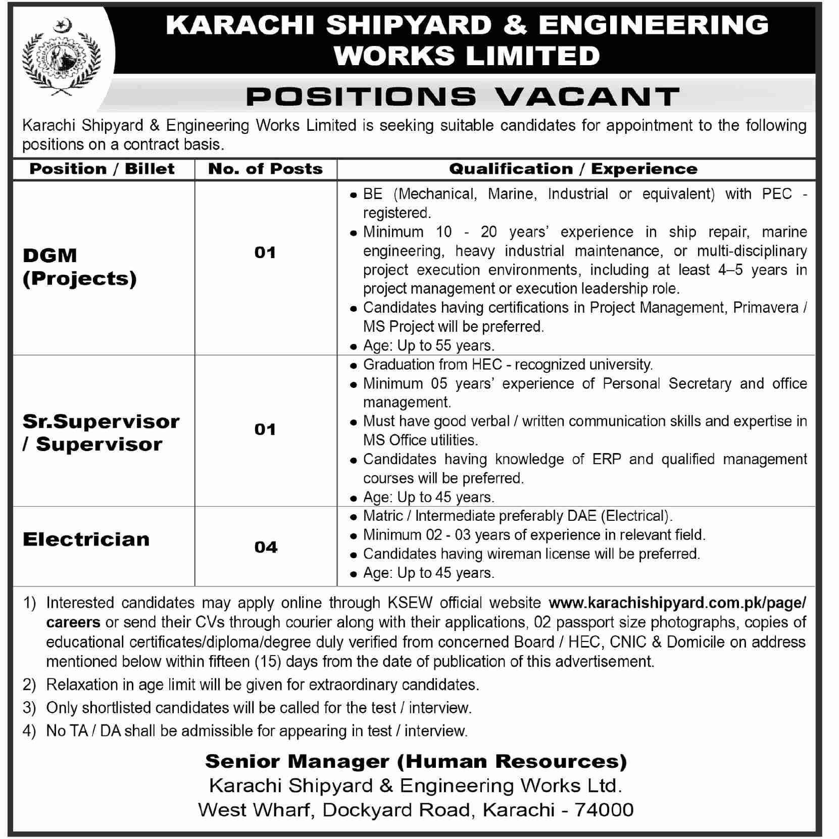 Karachi Shipyard & Engineering Works - DGM Projects & Technical Posts - Karachi