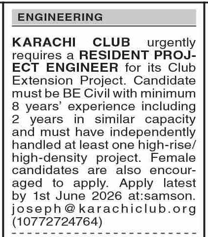 Karachi Club - Resident Project Engineer Required - Karachi