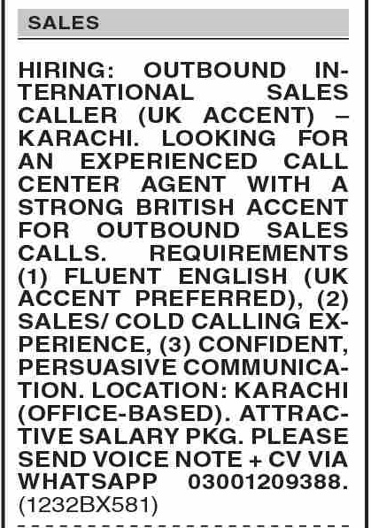 Karachi - Outbound International Sales Caller UK Accent Required - Karachi