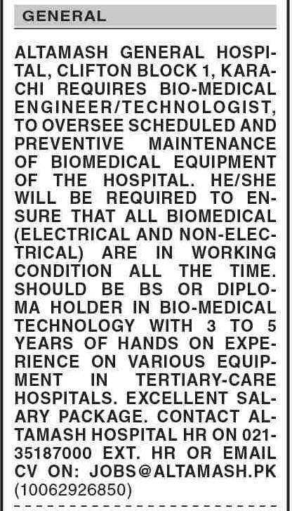 Altamash General Hospital - Bio-Medical Engineer/Technologist Required - Karachi