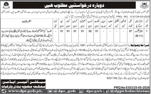 Balochistan Mansoobah Bandi o Tarqiati Mahkama - Junior Clerk B-11 Jobs - Quetta