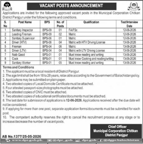 Municipal Corporation Chitkan District Panjgur - 9 Different Posts - Quetta