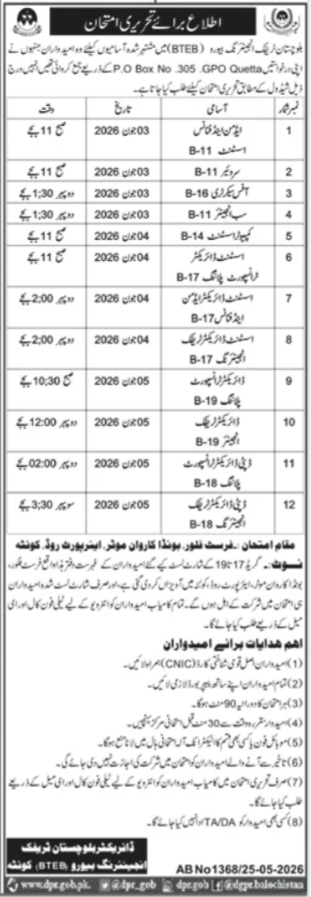 BTEB Balochistan Technical Education Board - Test for Various Posts B-11 to B-19 - Quetta