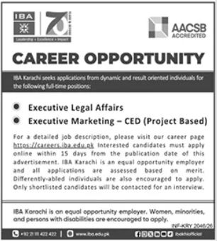 IBA Karachi - Executive Legal Affairs & Executive Marketing CED - Karachi