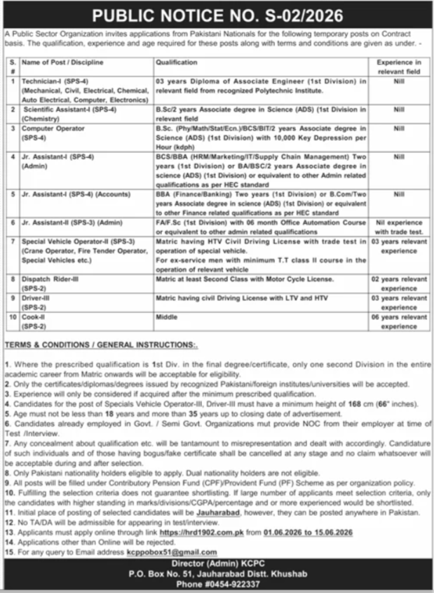 Public Sector Organization - 10 Posts Technician to Cook SPS-2 to SPS-4 - Jauharabad