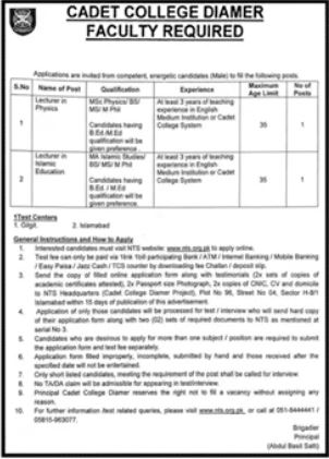 Cadet College Diamer - Lecturer Physics & Education Required - Islamabad