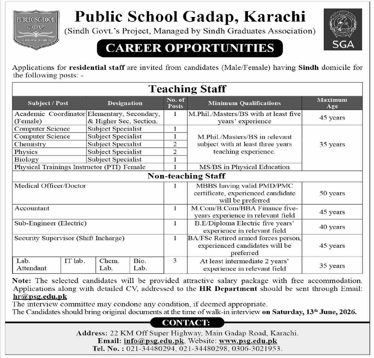 Public School Gadap Karachi - Teaching & Non-Teaching Staff Residential - Karachi