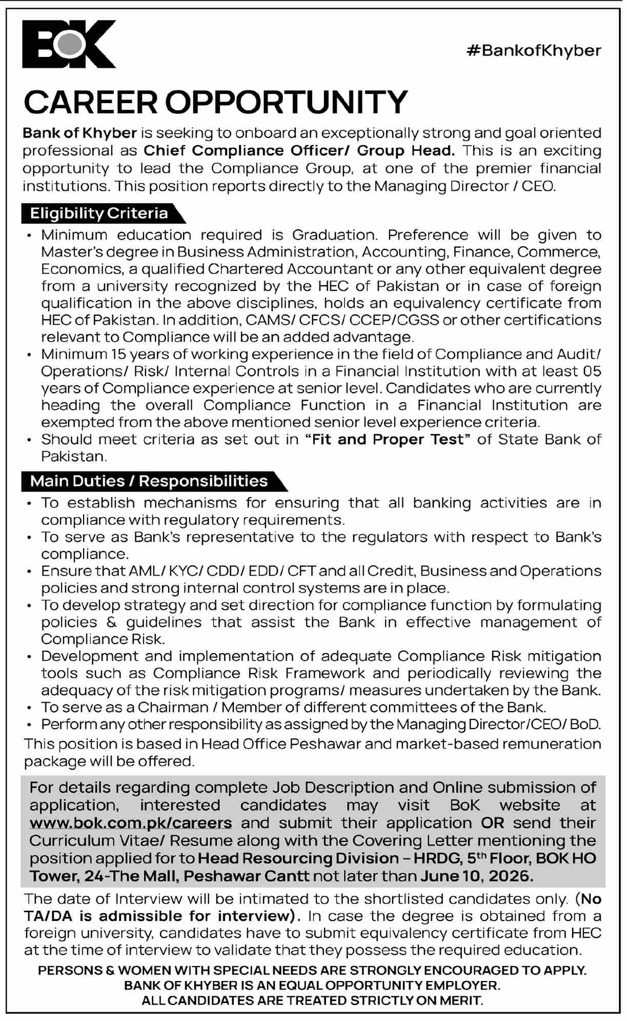 Bank of Khyber - Chief Compliance Officer / Group Head - Peshawar