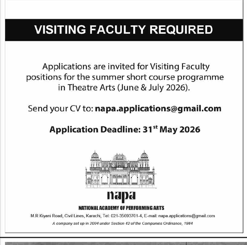 NAPA Karachi - Visiting Faculty Required Theatre Arts Summer 2026 - Karachi