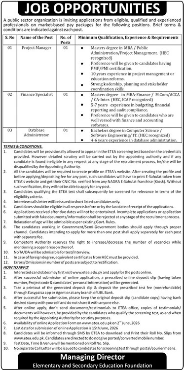 Elementary and Secondary Education Foundation - Project Manager, Finance Specialist, Database Administrator - Peshawar
