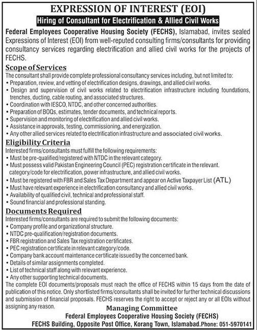 FECHS Islamabad - Consultant for Electrification & Allied Civil Works EOI - Islamabad