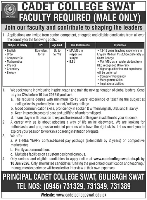 Cadet College Swat - Faculty Required Male Only - Swat