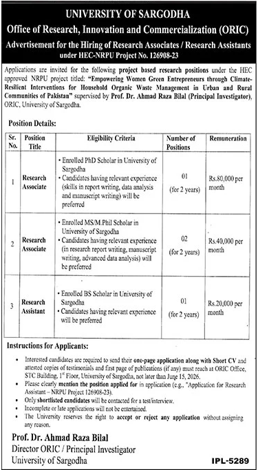 University of Sargodha ORIC - Research Associates & Research Assistant HEC-NRPU - Sargodha