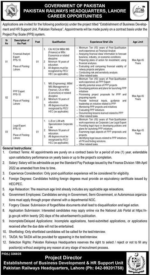 Pakistan Railways Headquarters Lahore - Financial Analyst, PPP Expert, Legal Expert PPS-10 - Lahore