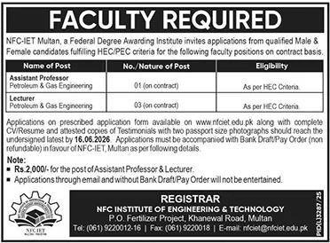 NFC-IET Multan - Assistant Professor & Lecturer Petroleum & Gas Engineering - Multan