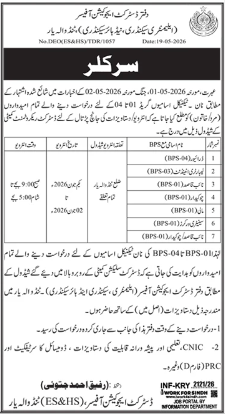 District Education Office Tando Allahyar - BPS-01 to BPS-04 Multiple Posts Circular - Tando Allahyar