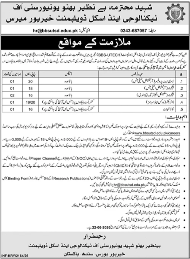Shaheed Benazir Bhutto University of Technology & Skill Development - Professor to Accountant Posts - Karachi
