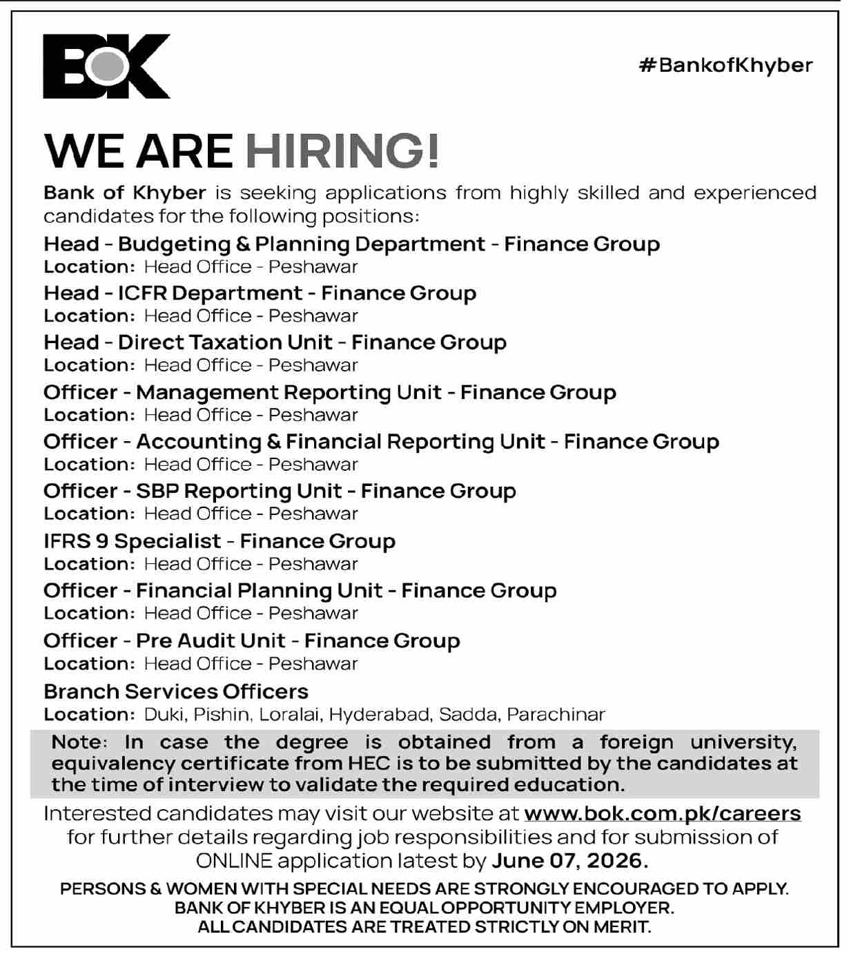 Bank of Khyber - Finance Group Multiple Positions - Peshawar
