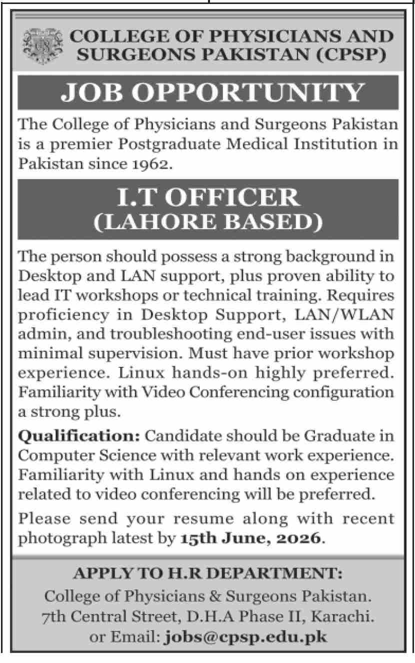 I.T Officer - College of Physicians & Surgeons Pakistan - Lahore